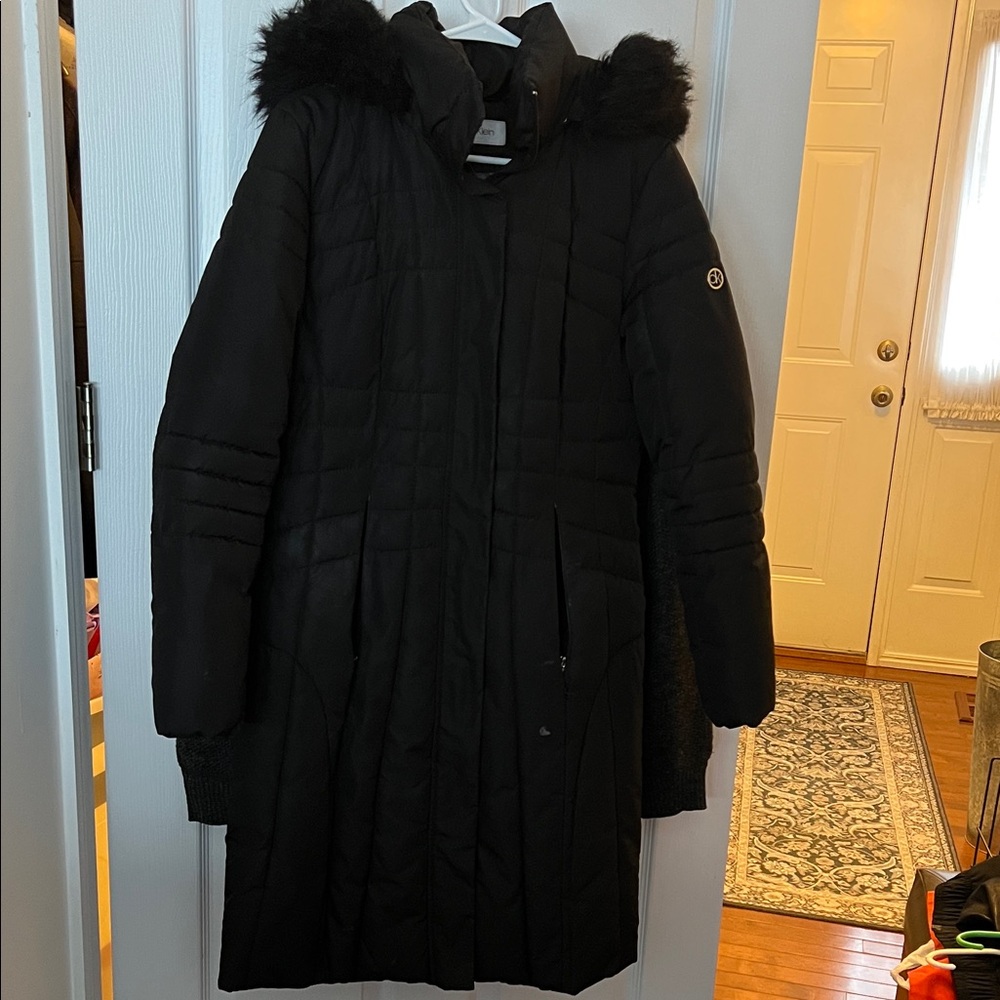 Calvin Klein Black Puffer Coat with Fur Hood